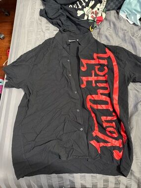 Von Dutch Black Button-Down Shirt with Red Script